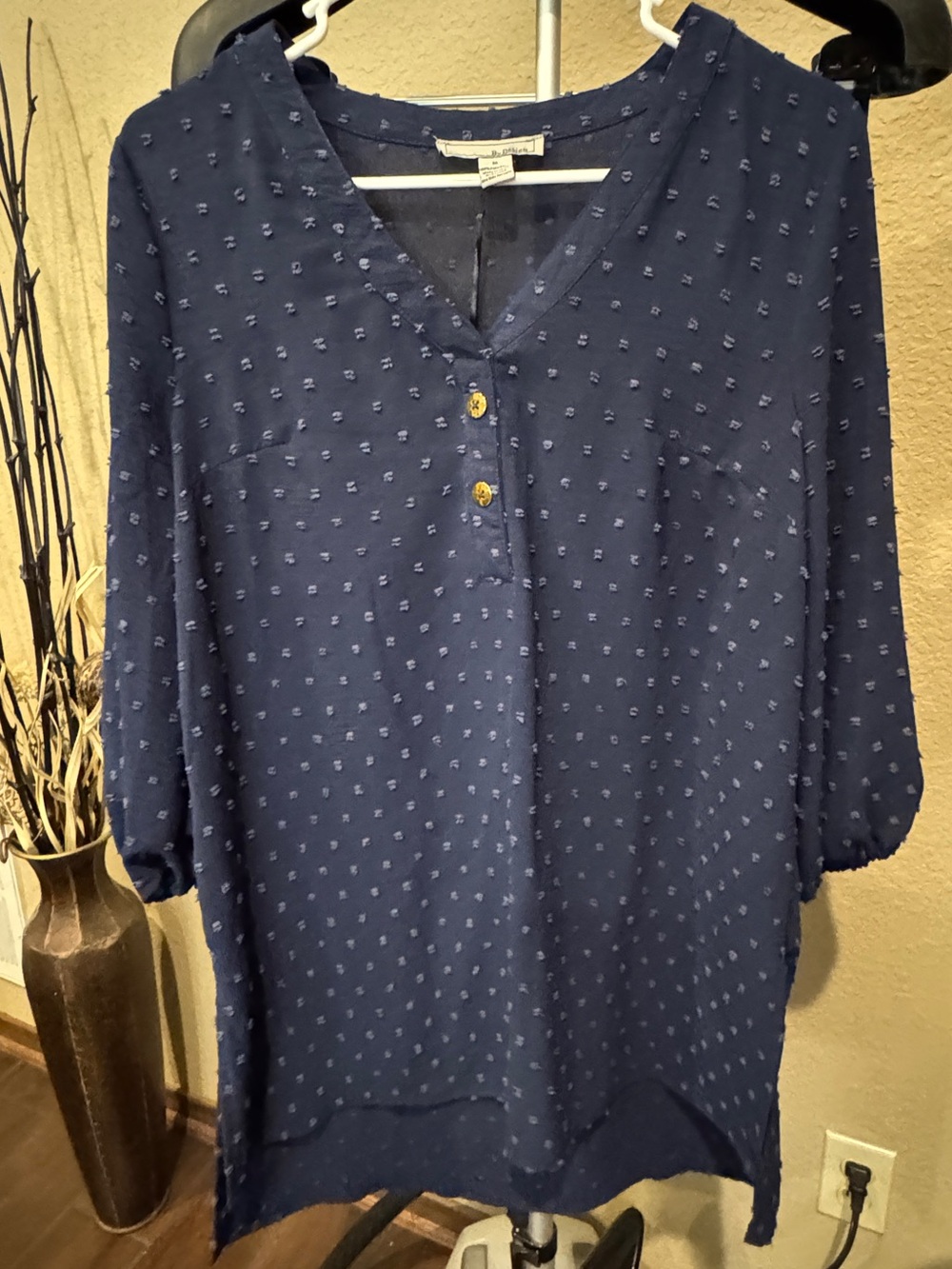 Navy Textured Dot Patterned V-Neck Blouse /Tunic with Button Detail